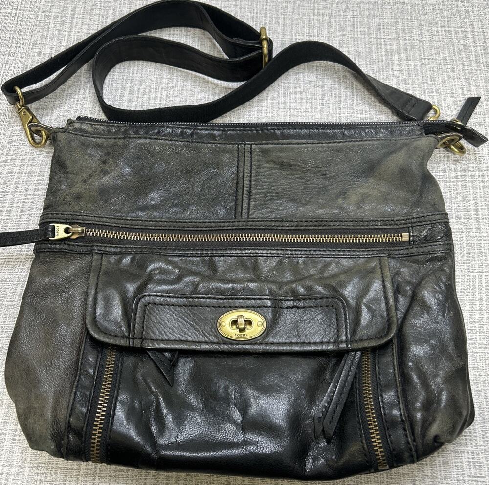 Fossil Stanton Black Distressed Leather Crossbody Bag Messenger Grunge